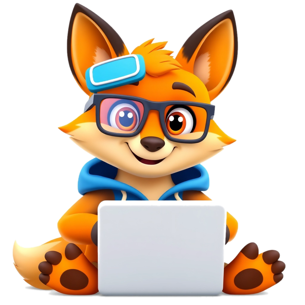 friendly orange fox mascot wearing a blue hoodie and tech glasses, sitting with a laptop, 3D charact
