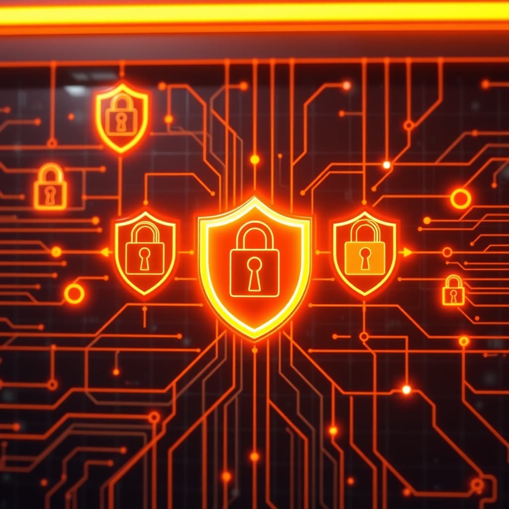 modern cybersecurity visualization with shields and locks, neon orange and white theme, digital tech