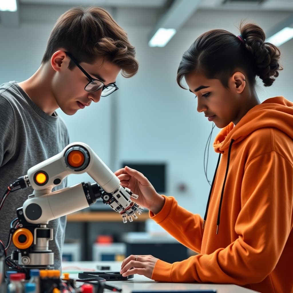 robotics workshop for teenagers, assembling futuristic robot arm, bright clean laboratory, orange li