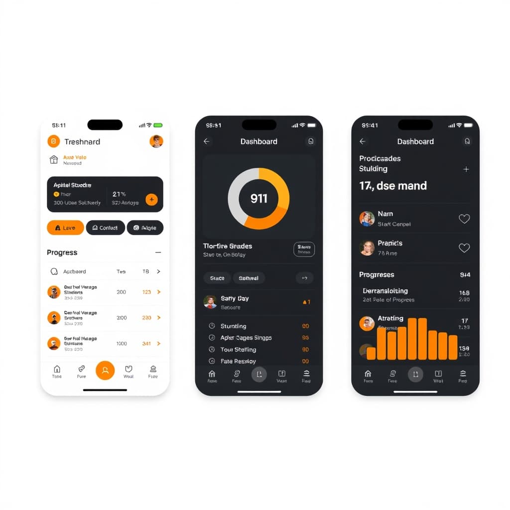modern mobile app dashboard UI for tracking student grades and progress, clean white theme with oran