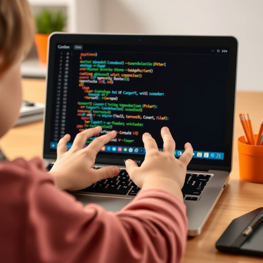 child hands coding python on a laptop, friendly bright workspace, orange accents, educational photog